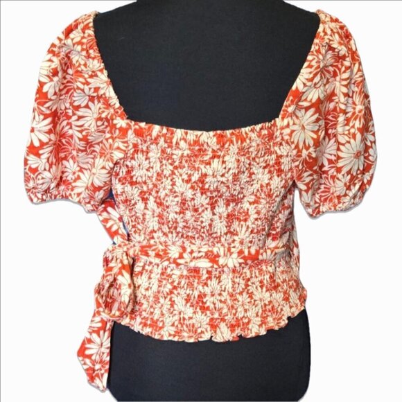 Madewell Floral Linen Puff Sleeve Wrap Top S Peasant Y2K Cottagecore Milkmaid - Picture 3 of 8